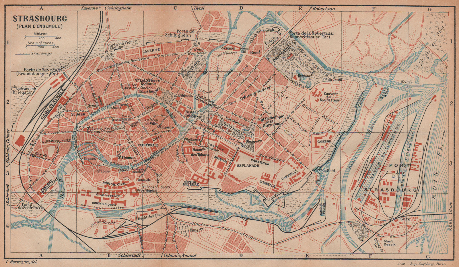 STRASBOURG. plan carte d'ensemble. Vintage town city ville map. Bas-Rhin 1922